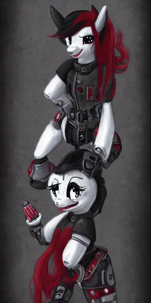 Image similar to Fallout Equestria Project Horizons | Blackjack Character Fanart | White MLP Unicorn Mare with red and black shaggy hair, and bright, robotic eyes. | Cutie Mark is: Ace and Queen of Spades | Trending on ArtStation, Digital Art, MLP Fanart, Fallout Fanart | Blackjack sitting and looking depressed at the viewer | Hyperrealistic CGI Photorealism