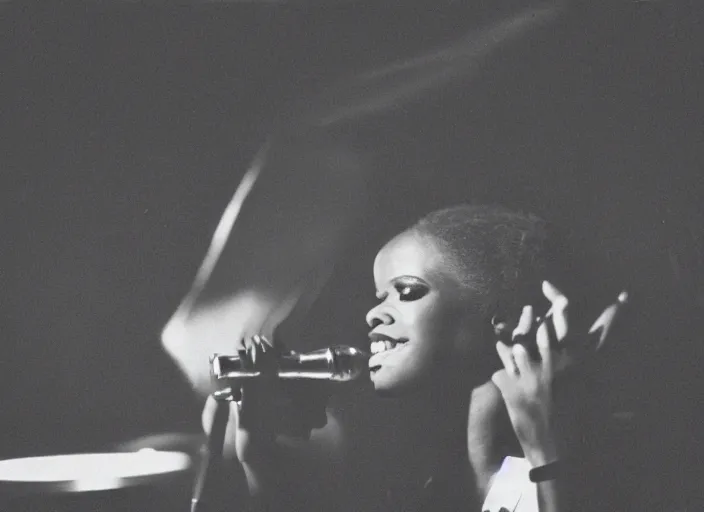 Image similar to a photograph of a black jazz singer, 1 9 3 0 s jazz club, smokey room, medium low angle, spotlight on singer