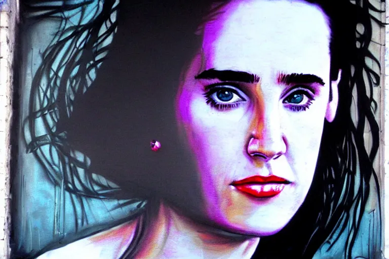 Image similar to Street-art portrait of Jennifer Connelly (1990), in style of Seaty