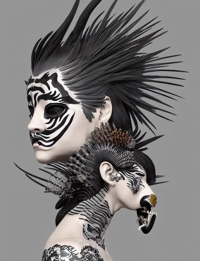 Image similar to 3 d goddess close - up profile simple portrait punk with mohawk with tiger skull. beautiful intricately detailed japanese crow kitsune mask and clasical japanese kimono. betta fish, jellyfish phoenix, bio luminescent, plasma, ice, water, wind, creature, artwork by tooth wu and wlop and beeple and greg rutkowski