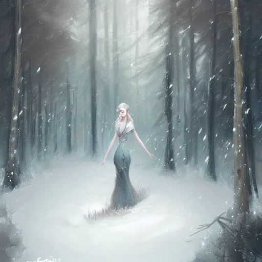 Image similar to a painting of a woman in a snowy forest, a digital painting by Charlie Bowater, featured on cgsociety, fantasy art, detailed painting, artstation hd, ilya kuvshinov