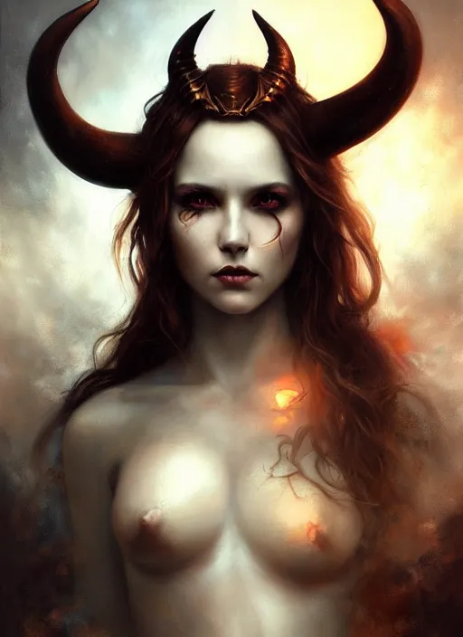 Image similar to a hauntingly beautiful woman with horns, painted by artgerm and tom bagshaw, fantasy art, dramatic lighting, highly detailed oil painting