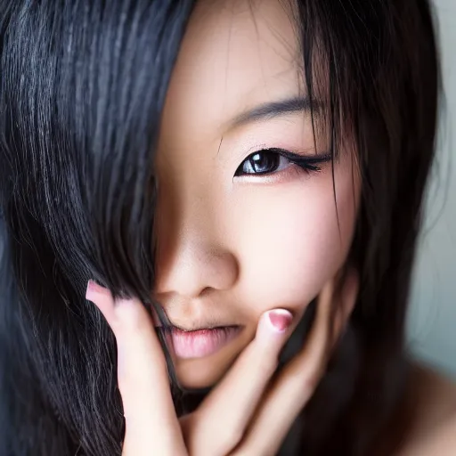 Image similar to Photo portrait of a young Asian woman, black hair, beautiful eyes, detailed eyes , EOS-1D, f/1.4, ISO 200, 1/160s, 8K, RAW, unedited, symmetrical balance, in-frame