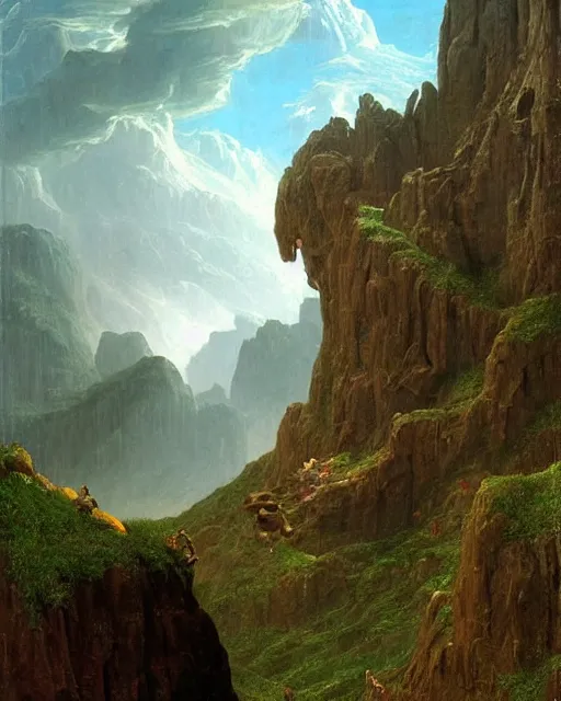 Prompt: a giant troll standing in a hilly landscape, detailed face. Realistic painting by Thomas Cole and Wayne Barlowe