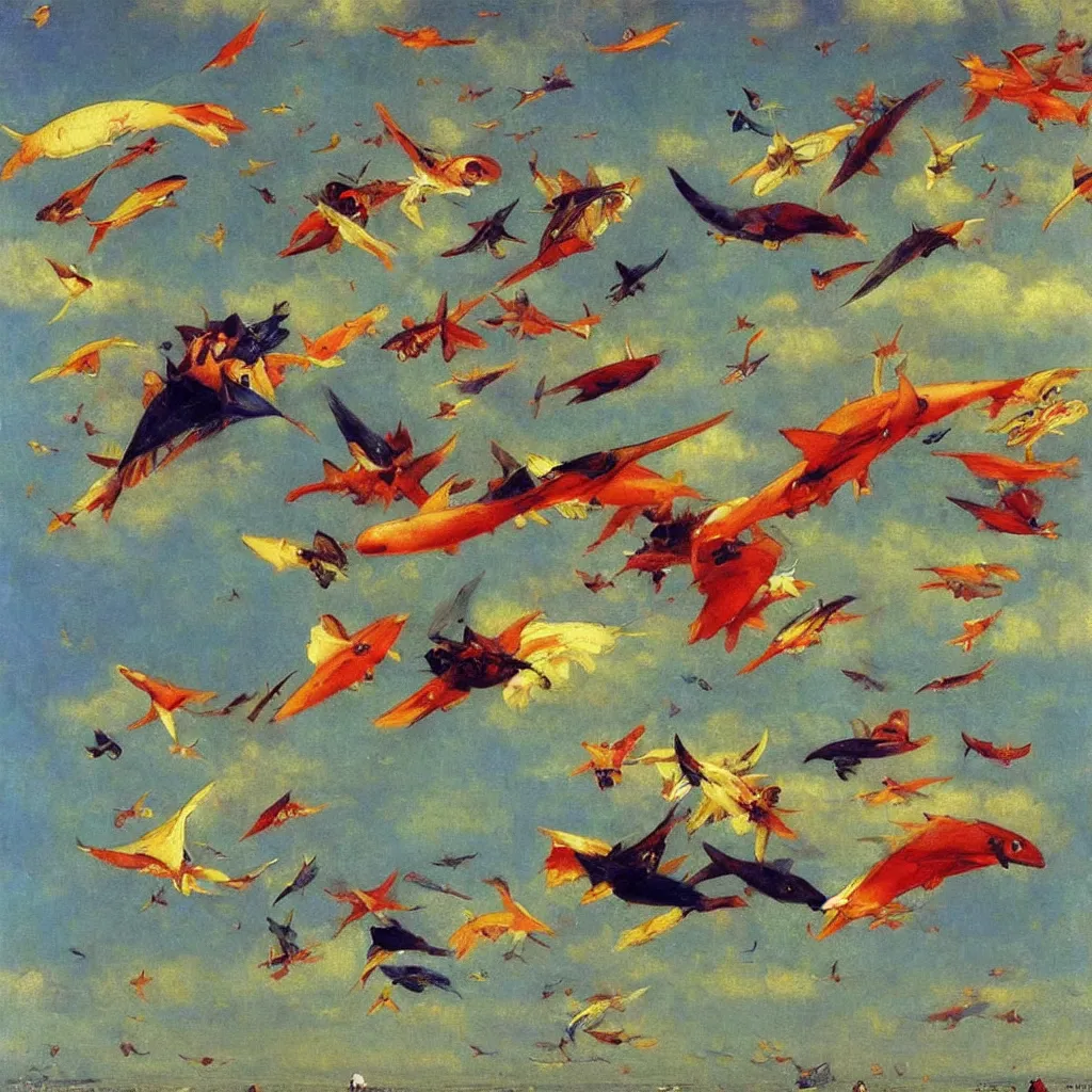 Prompt: colorful zepplins shaped life fish flying in the air, 1905, colorful highly detailed oil on canvas, by Ilya Repin
