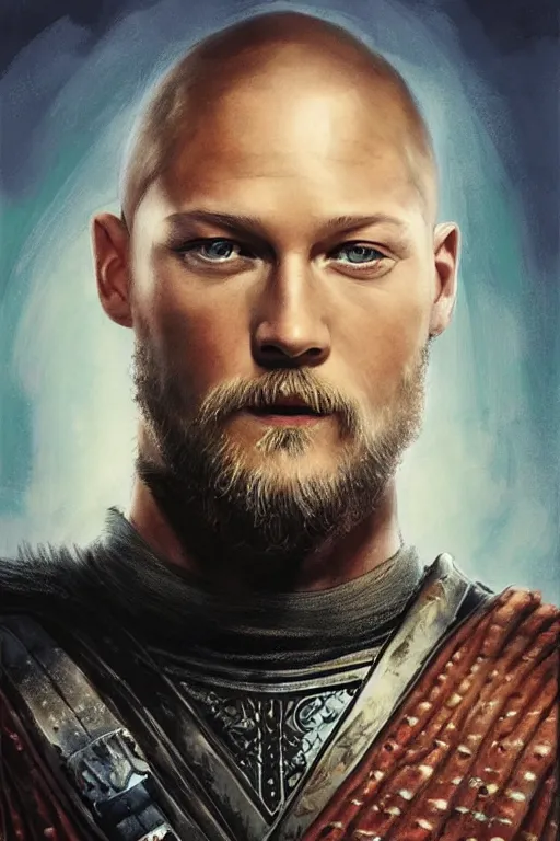 Prompt: bald Travis Fimmel (Ragnar Lothbrok) as a Jedi Master, looking at the viewer, detailed face, high contrast, highly detailed, digital painting, sharp focus, trending on artstation, concept art, illustration, art by greg hildebrandt and clayton crain