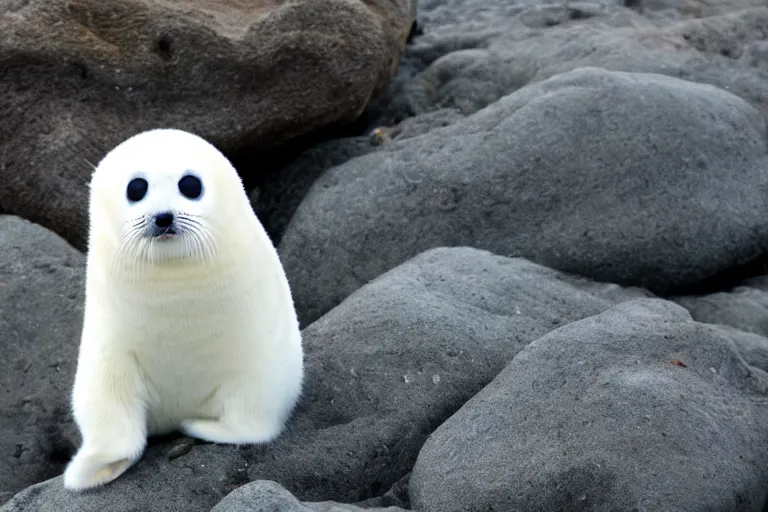 Prompt: adorable baby harp seal on a rocky beach,