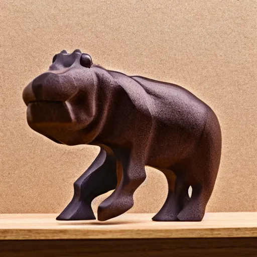 Image similar to a zoomed out studio product shot of a minimalist carved hippopotamus, carved from a glued block of 5 0 % cherry wood and 5 0 % blue resin, in profile, like a catalog photograph, mostly wood, with a smooth featureless minimalist look