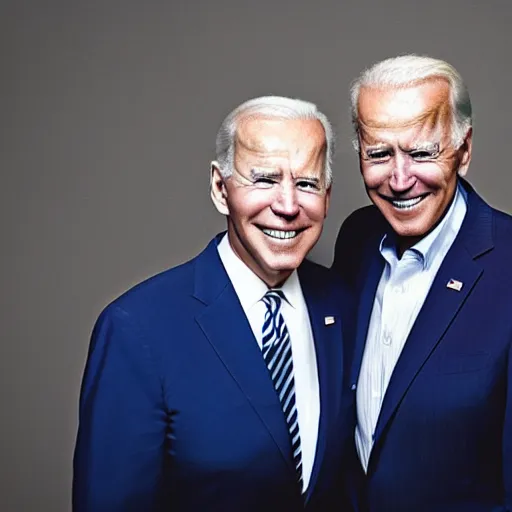 Image similar to A portrait photo of joe biden teams up with a teenage joe biden, perfect faces, 50 mm, award winning photography