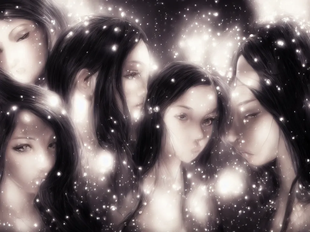 Image similar to of 2 girls with pearl shining in backgroud, black hair, photorealistic, cinematic light, highly detailed,