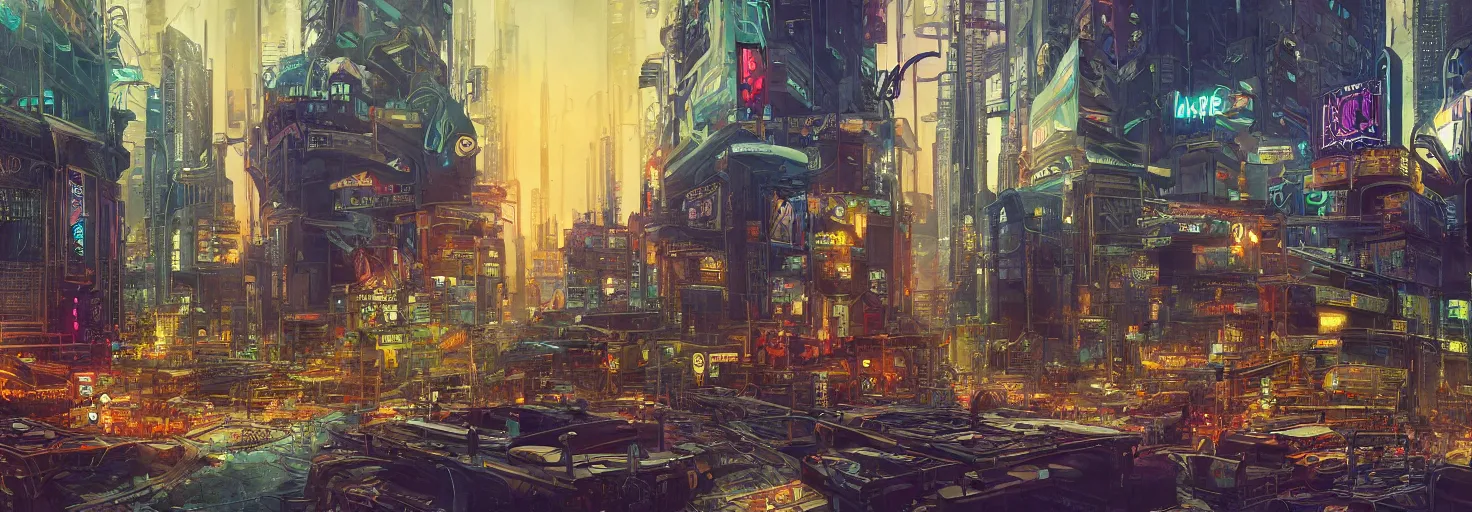 Prompt: Panorama full-color digital painting of a polluted cyberpunk cityscape with art nouveau styled architecture and late night futuristic aesthetics, 8 mm, extremely detailed, mixed media style illustration, artstation, line art, smooth, sharp focus, illustration, hyperrealism, photorealism, 8k art by bill sienkiewicz, unreal engine and thomas kinkade