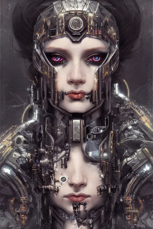 Image similar to portrait of beautiful young gothic cyborg maiden, cyberpunk, Warhammer, highly detailed, artstation, illustration, art by Gustav Klimt