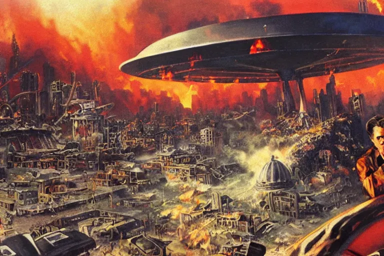Prompt: a picture of a flying saucer firing a death ray at a burning city, people panic, a detailed matte painting by mort kunstler, pixiv, kitsch movement, hellish background, movie poster, official art