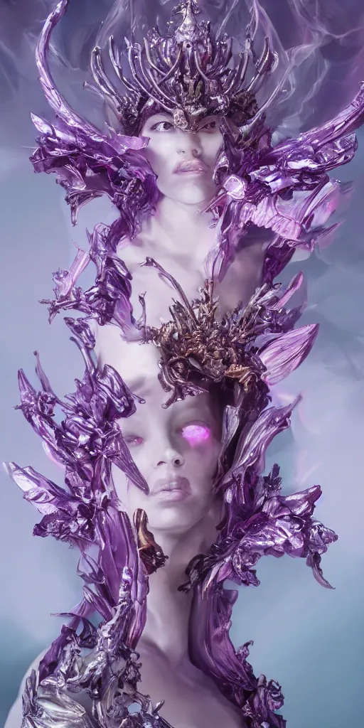 Image similar to female angel queen head wearing shiny pink crown, subtle purple accents, hyper details, black metal rococo, sculpted by Alex Alice, Craig Mullins, yoji shinkawa, trending on artstation, beautifully lit, Peter mohrbacher, hyper detailed, elite, elegant, luxury, ray of light through smoke, CGsociety, hypermaximalist, golden ratio, neofuture, volumetric, octane render, weta digital, micro details, 3d sculpture