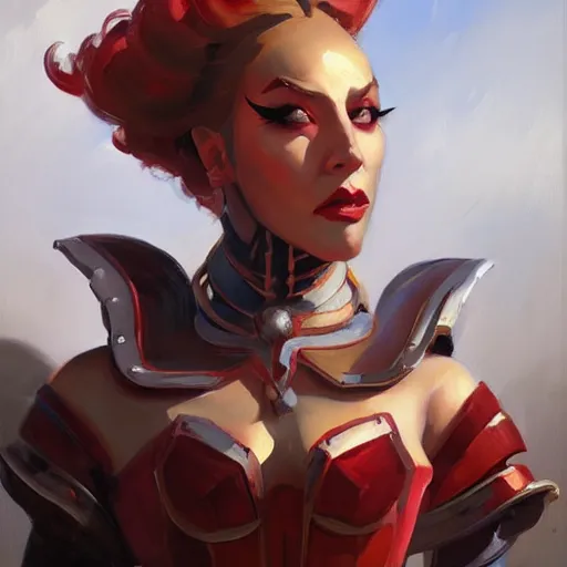 Image similar to greg manchess portrait painting of partially armored red queen from alice in wonderland as overwatch character, medium shot, asymmetrical, profile picture, organic painting, sunny day, matte painting, bold shapes, hard edges, street art, trending on artstation, by huang guangjian, gil elvgren, ruan jia, randy vargas, greg rutkowski