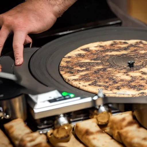 Prompt: a disc jockey is scratching with an Israeli pita bread on a turntable, wide shot