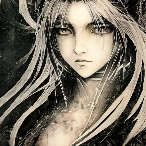 Image similar to Yoshitaka Amano realistic illustration of an anime girl with black eyes, wavy white hair fluttering in the wind and cracks on her face wearing Elden ring armour with engraving, abstract black and white patterns on the background, noisy film grain effect, highly detailed, Renaissance oil painting, weird portrait angle, blurred lost edges, three quarter view