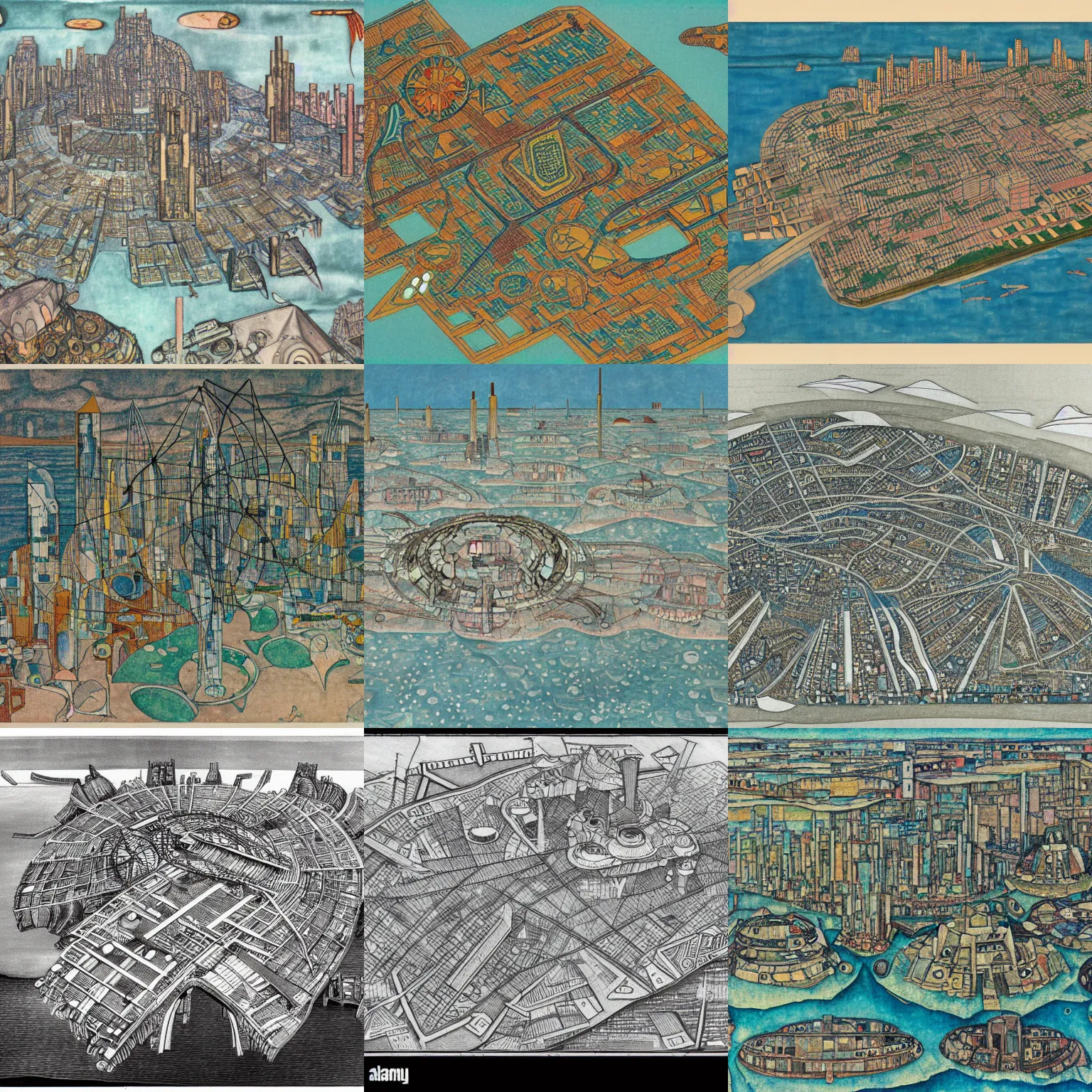 Prompt: a detailed map of an abandoned futuristic city located in an island surrounded by water with a few flying ships stationed around it, in the style of diego rivera schiele, full color, exploded view