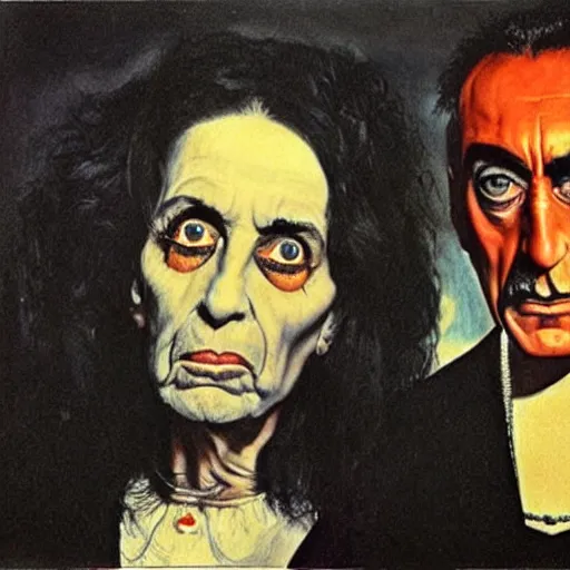 Prompt: alice cooper and salvador dali in in the style of american gothic