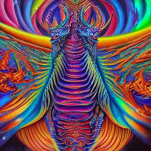 Image similar to a painting of a dragon with a psychedelic look, a detailed painting by alex grey, reddit contest winner, psychedelic art, detailed painting, psychedelic, ( ( made of crystals ) )