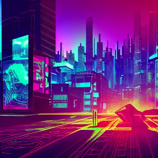 Image similar to cyberpunk city, neon, bright colors, midnight, person on rooftop, shadowy.