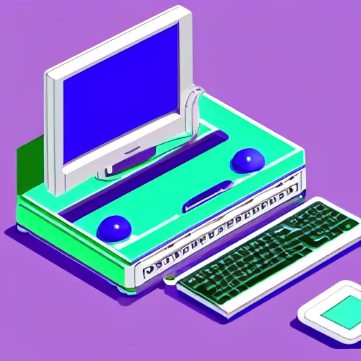 Image similar to a computer from the nineties in vapor wave style isometric view.