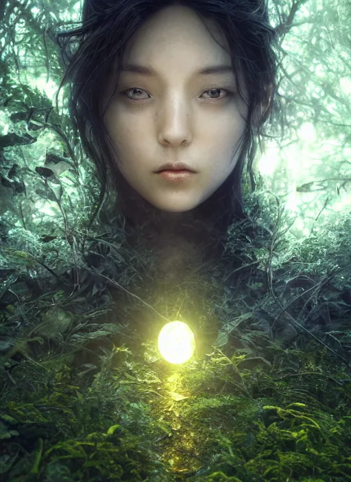 Image similar to glowing silver and golden elements, full close-up portrait, realistic crow, book cover, green forest, white moon, establishing shot, extremly high detail, photo-realistic, cinematic lighting, by Yoshitaka Amano, Ruan Jia, Kentaro Miura, Artgerm, post processed, concept art, artstation, matte painting, style by eddie mendoza, raphael lacoste, alex ross