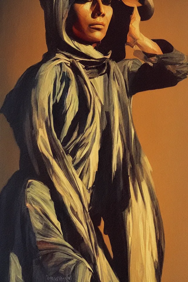 Image similar to sfumato renaissance oil painting of a modern shaman, modern minimal isei miyake outfit, in the style of lara jade, syd mead, concept art