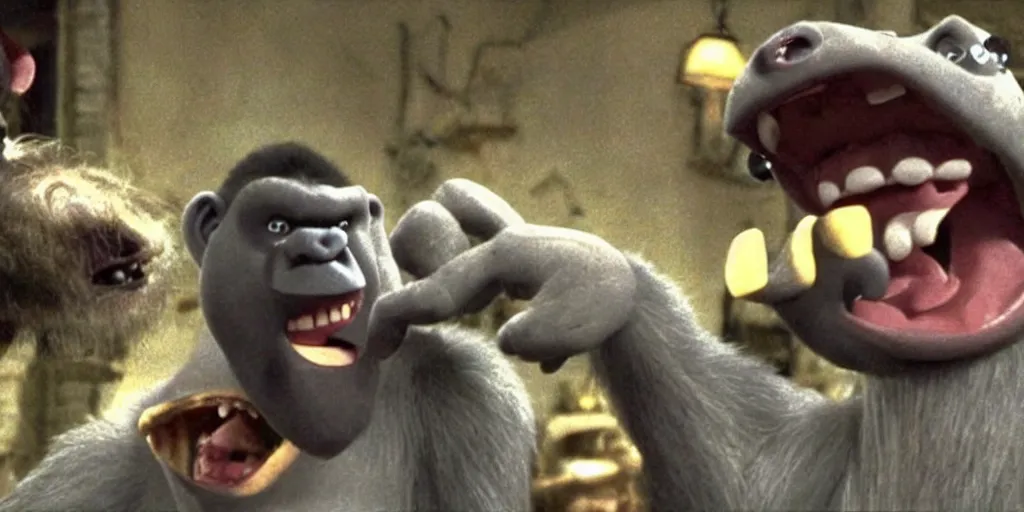 Image similar to still from Wallace and Gromit of a gorilla scaring everyone