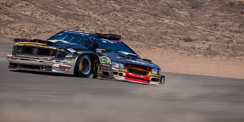 Image similar to A wide angle photograph of the hoonicorn mustang drifting Pikes Peak by Larry Chen , Canon, hoonigan, cinematic lighting, by Larry Chen, pikes peak, f18, f22, 4k