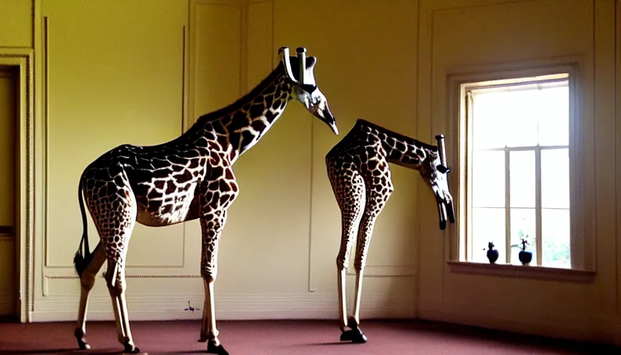 Prompt: mini dv camera footage of a girafe in a neoclassical room, heavy grain heavy artefact, very very low quality, trail cam