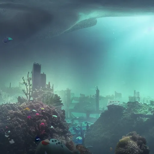 Image similar to a gigantic city base underwater, photo-realistic, colorful, dark, smog, complex, shot by a camera,