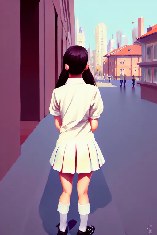 Prompt: gouache of a cute girl wearing school uniform standing in the city which seem small, back view, bird's eye view, 8 k wallpaper, strong brush stroke, very high detailed, sharp focus, illustration, morandi color scheme, art station, by krenz cushart