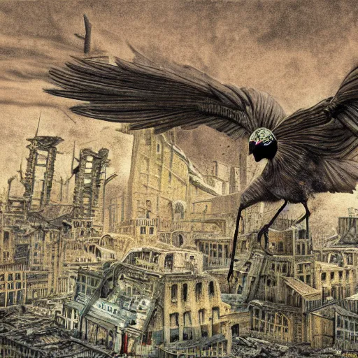 Prompt: bird flying through the center of a post apocalyptic radiated ruined city, surrealism, deep aesthetic, abstract realism, highly ornate intricate details, 1 9 2 0's colored pencil, 4 k, cinematic lighting,