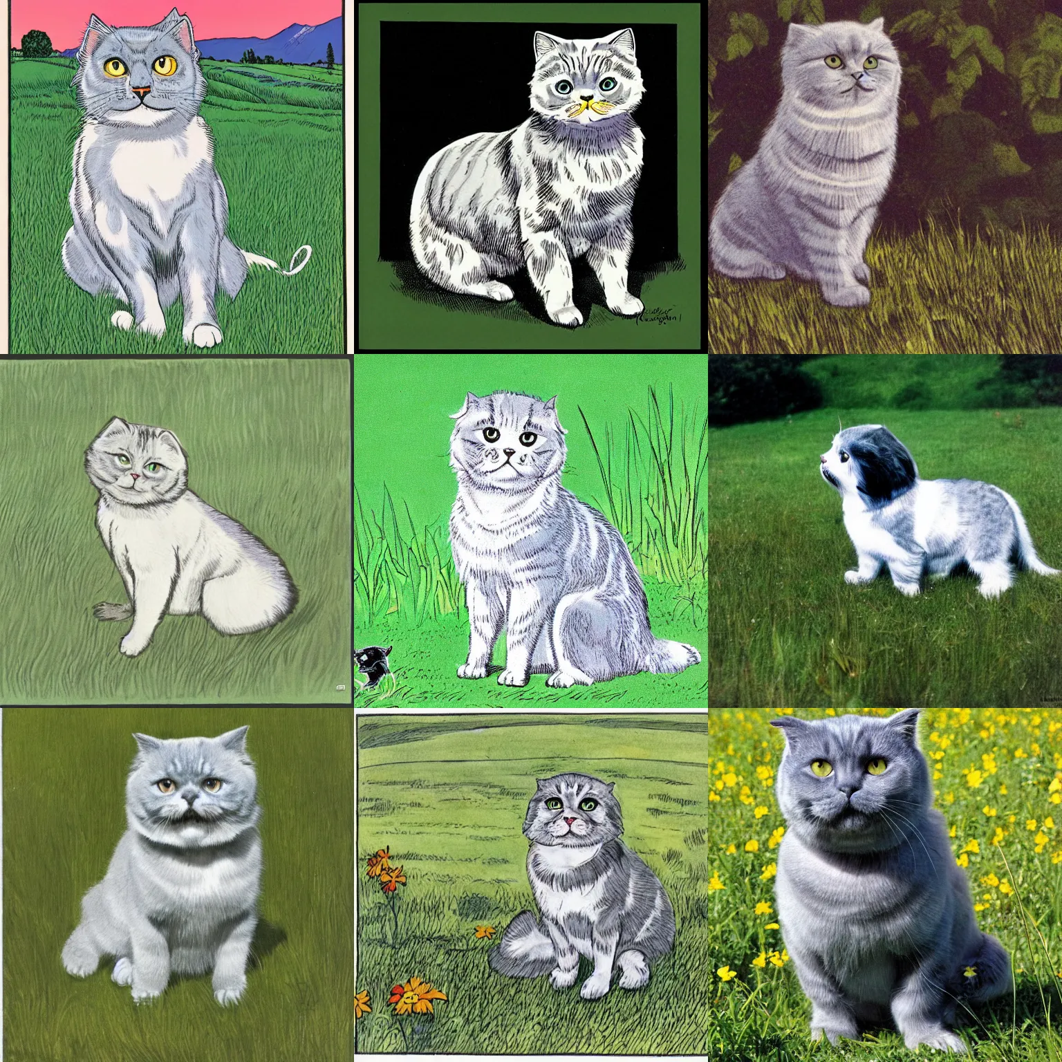 Prompt: a gray scottish fold sitting in the middle of sunny meadow, colored, by gil kane