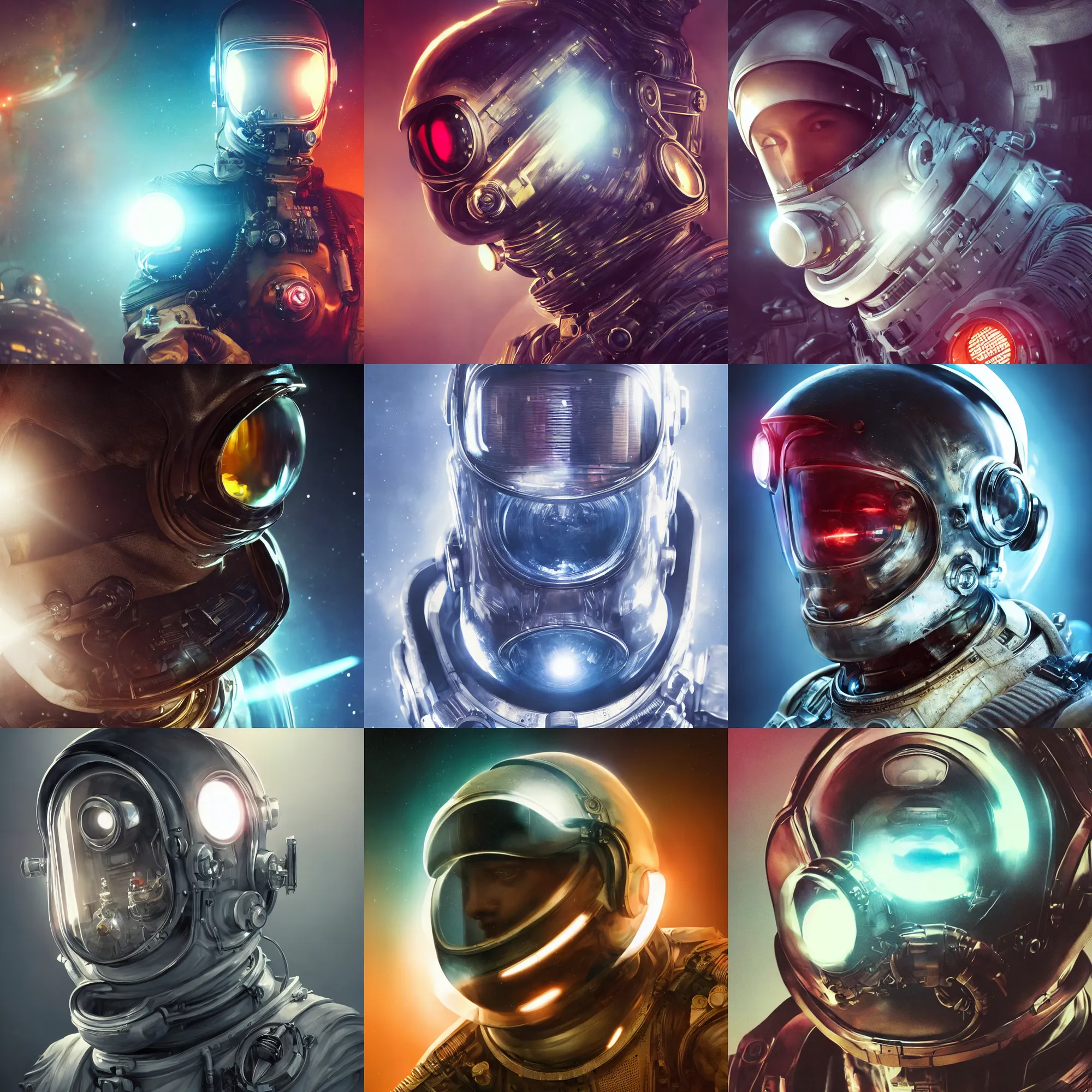 Image similar to portrait art of 8k ultra realistic retro futuristic astronaut helmet, lens flare, atmosphere, glow, detailed,intricate,blade runner, cybernetic, full of colour, cinematic lighting, trending on artstation, 4k, hyperrealistic, focused, extreme details,unreal engine 5, cinematic, masterpiece, art by ayami kojima, giger