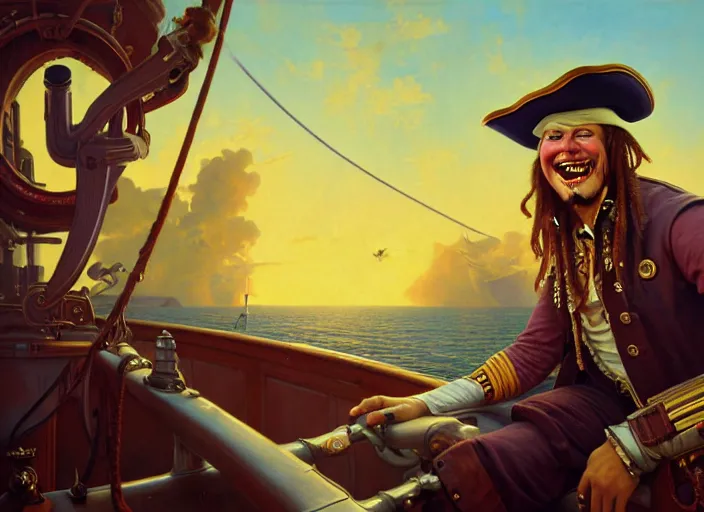 Image similar to highly detailed painting of a laughing Elon Musk as a pirate captain, proudly posing at the helm of his frigate wearing a pirate hat at sunset, artstation, cinematic lighting, hyperdetailed, cgsociety, 8k, high resolution, insanely detailed and intricate, concept art, smooth, sharp focus, illustration, art by Peter Mohrbacher and Alphonse Mucha, masterpiece