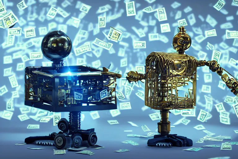 Image similar to photo of a golden and blue metal steampunk office robot with gears and tubes sitting in a modern office, on the office table and floor is a mountain of money bills, eyes are glowing red lightbulbs, shiny crisp finish, 3 d render, 8 k, insaneley detailed, fluorescent colors, background is multicolored lasershow