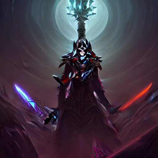 Image similar to The blade of the ruined king, digital illustration, futuristic statues, glow in the dark, ethereal, the void, ominous background, very detailed, stylized, concept art, trending on artstation, high definition, by Riot Games, League of legends