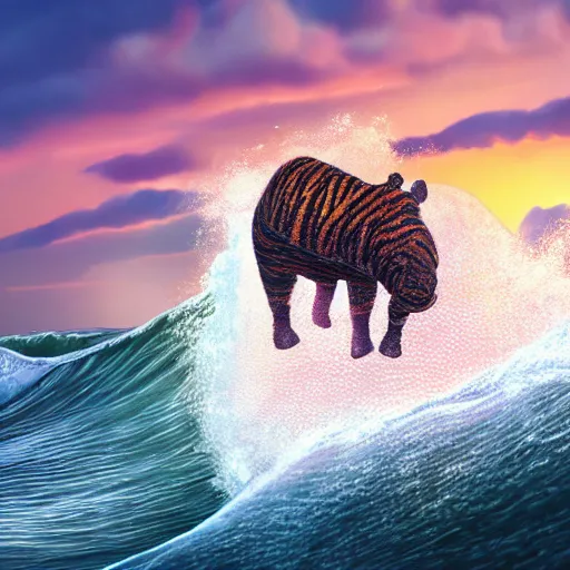 Prompt: a closeup photorealistic photograph of a knitted tiger hippopotamus riding a large wave during sunset. surf in the background. professional capture. brightly lit scene. this 4 k hd image is trending on artstation, featured on behance, well - rendered, extra crisp, features intricate detail, epic composition and the style of unreal engine.