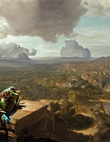 Image similar to a frog looking the end of world by Ansel Adams and Bernardo Bellotto, oil on canvas, artstation, dramatic scenery, masterpiece, aesthetic