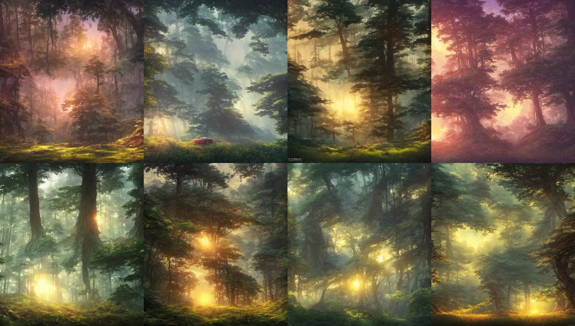 Image similar to forest clearing landscape, sunset, studio ghibli, pixar and disney animation, sharp, rendered in unreal engine 5, highly detailed, digital painting, artstation, concept art, smooth, sharp focus, illustration, wide angle, artbook, wallpaper, splash art, promo art, dramatic lighting, art by artgerm and greg rutkowski and bo chen and jin xiaodi