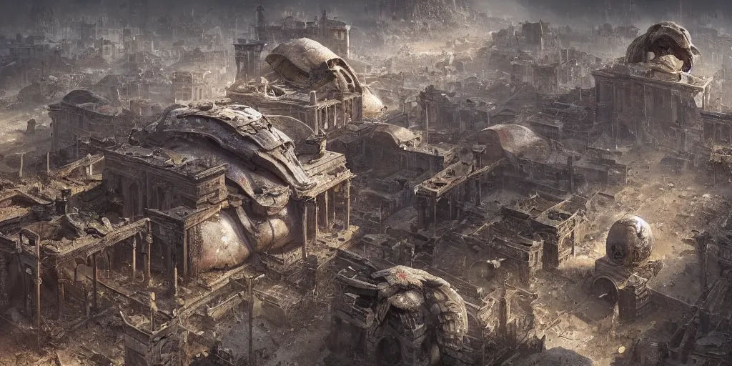 Image similar to abandoned city built on the shell of a huge ancient turtle, greg rutkowski, 8 k, shallow depth of field, intricate detail, concept art,