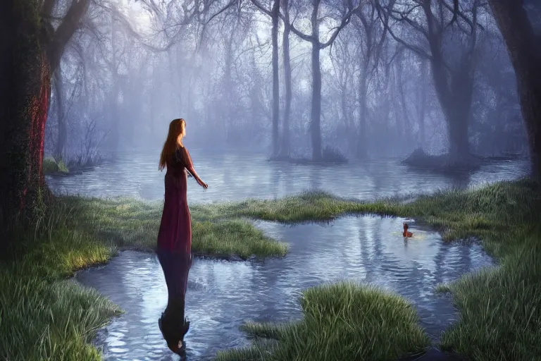 Prompt: a woman staring her reflection on a pond in a secret forest, in the style of fantasy art, very detailed, trending on artstation and deviantart