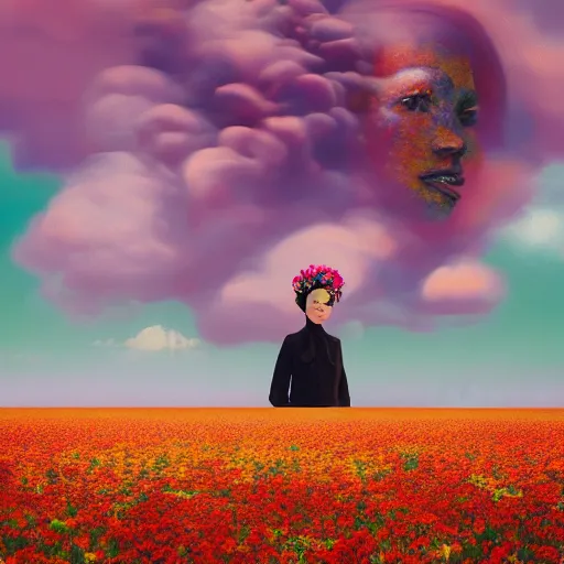 Image similar to woman with a flower face, standing in flower field, surreal photography, manipulation, sunrise, impressionist painting, colorful clouds, artstation, dali, simon stalenhag