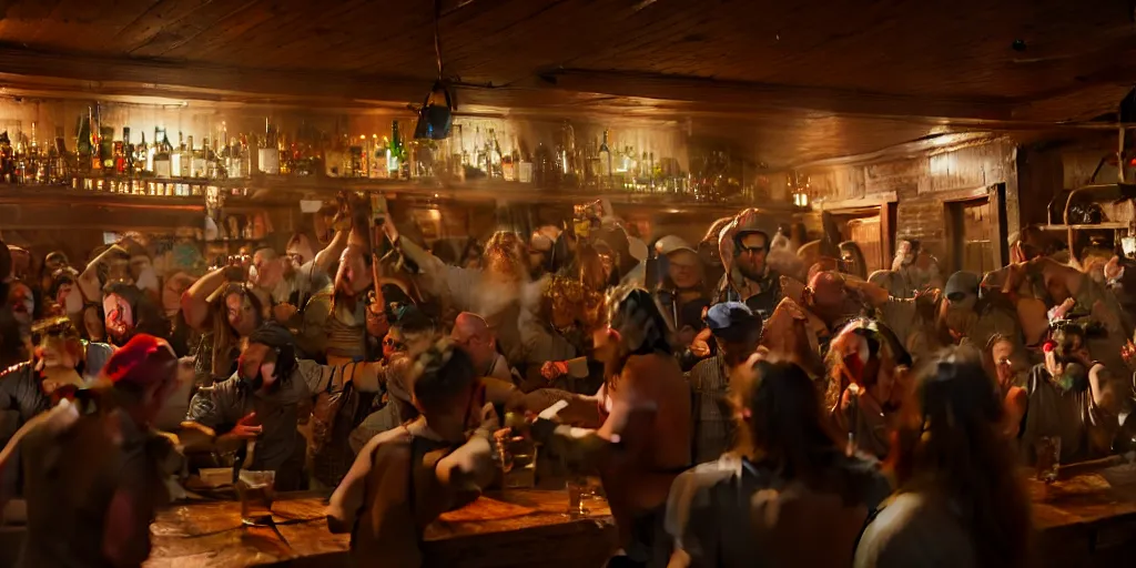 Prompt: a photo of a bar fight inside a pub between hobbits and dwarves and elves, 4k, hyperrealism, editorial, photorealistic, crisp details, sharp focus, wide angle lens, octane render, caustics