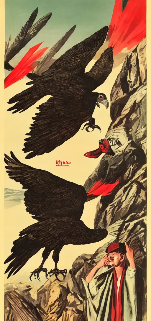 Image similar to mistery man in hood and red eyes with a dager, and a vulture, 1940s propaganda poster, full hd,highly detailed