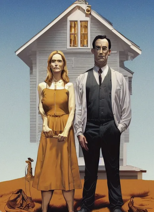 Prompt: poster artwork by Michael Whelan and Tomer Hanuka, Karol Bak of Naomi Watts & Jon Hamm husband & wife portrait, in the pose of American Gothic, from scene from Twin Peaks, clean, simple illustration, nostalgic, domestic, full of details