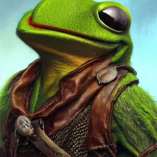 Image similar to kermit the frog as Aragorn by Alan Lee, leather armor, golden hour, concept art, detailed clothing, art station, oil painting, art by artgerm and greg rutkowski and alphonse mucha