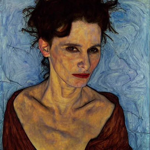 Image similar to Juliette Binoche in a bahay kubo, portrait, oil on canvas, by Egon Schiele